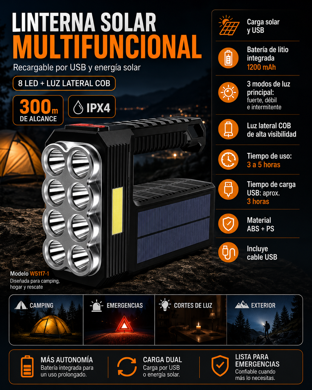 Linterna Recargable Solar🔋